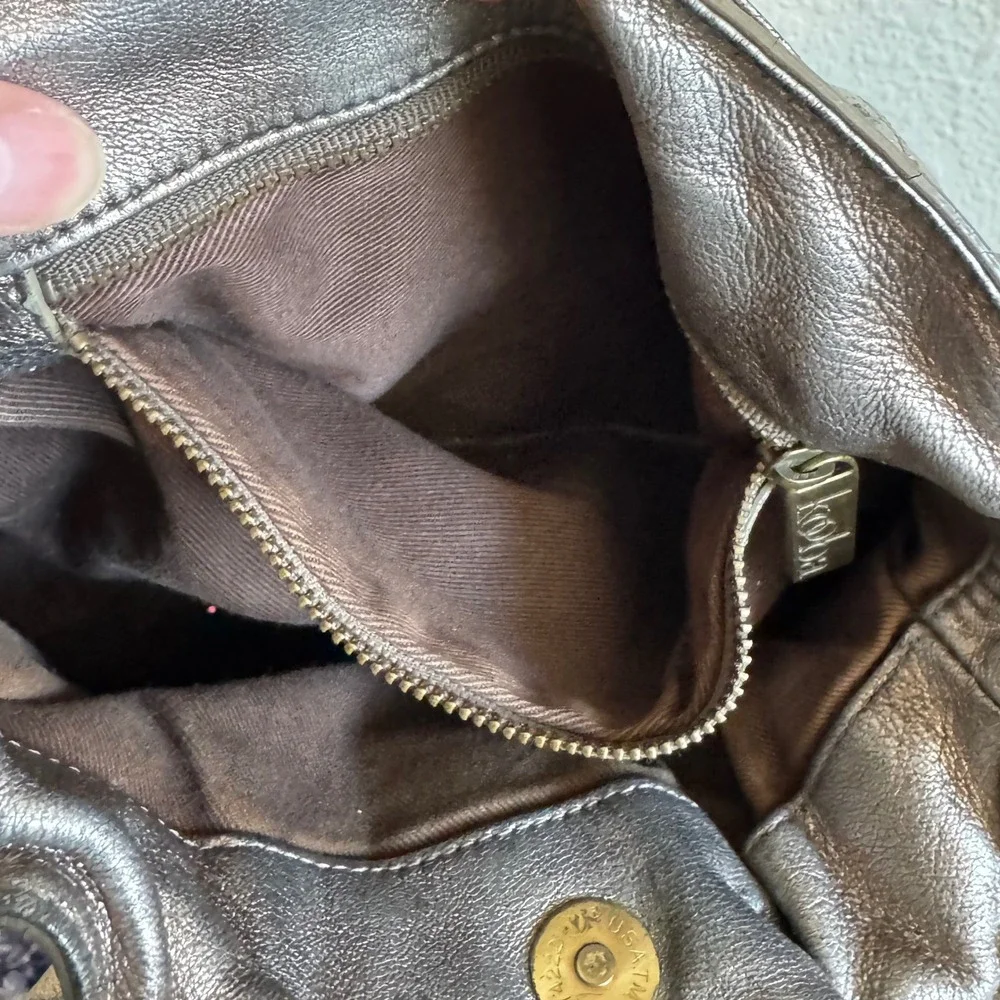 Kooba Metallic‎ Pewter Leather Bow Shoulder Bag Hobo Brass Hardware Vintage Y2K